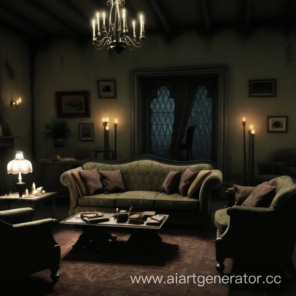 evening, living room with sofa and armchair , the house of the Malfoy family