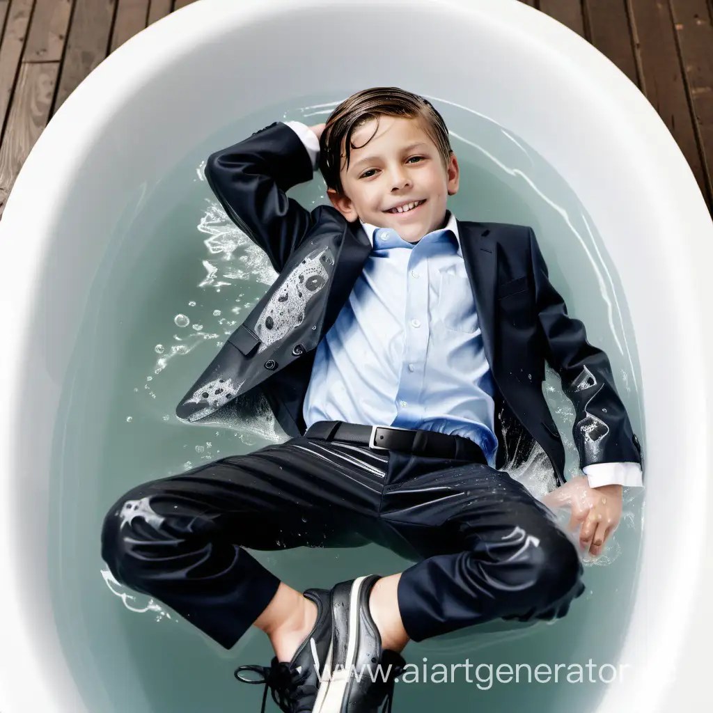 10 year old boy wet shirt, trousers, suit jacket, sneakers laying on back in tub of water