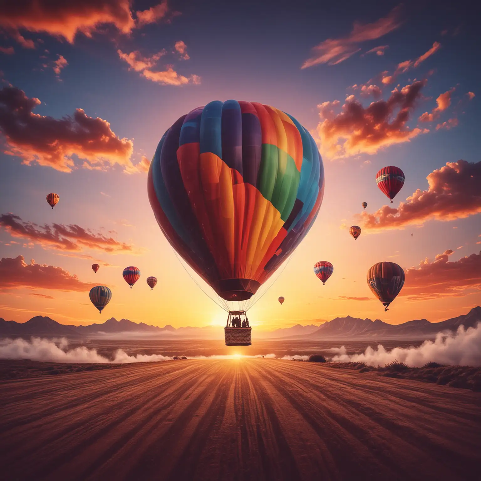 Create colorful image of a balloon race across a sunset sky logo