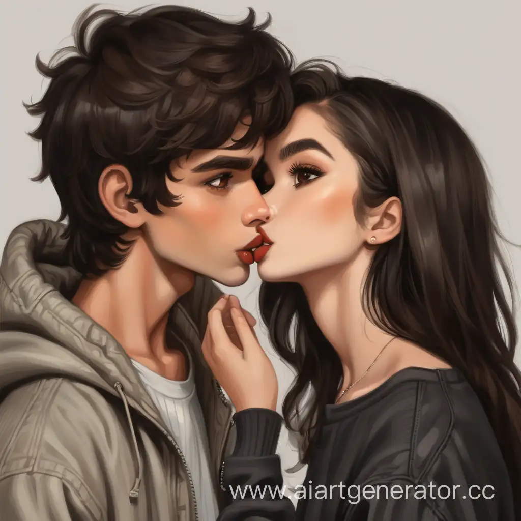 girl with dark brown hair, brown eyes, big lips 
and kissing a boy