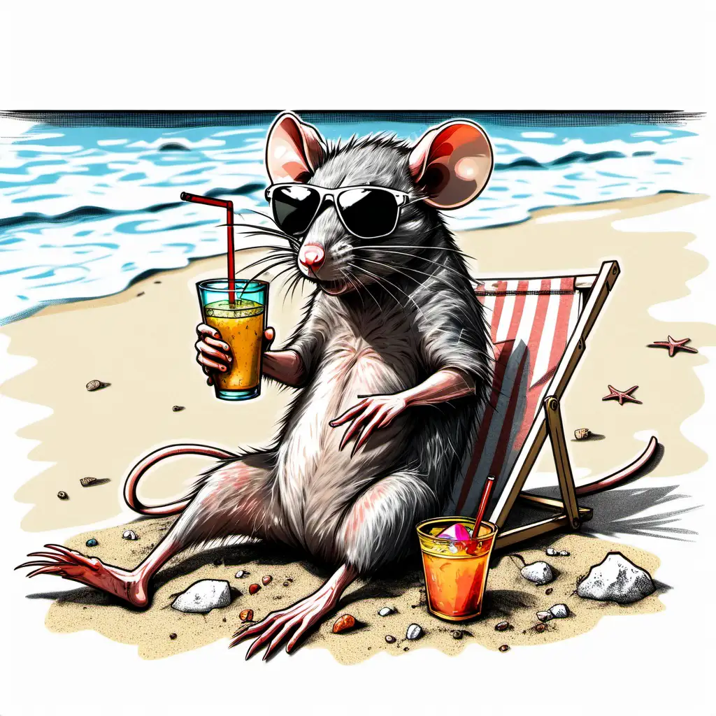 Rat chilling on the beach with sunglasses and a drink sketch