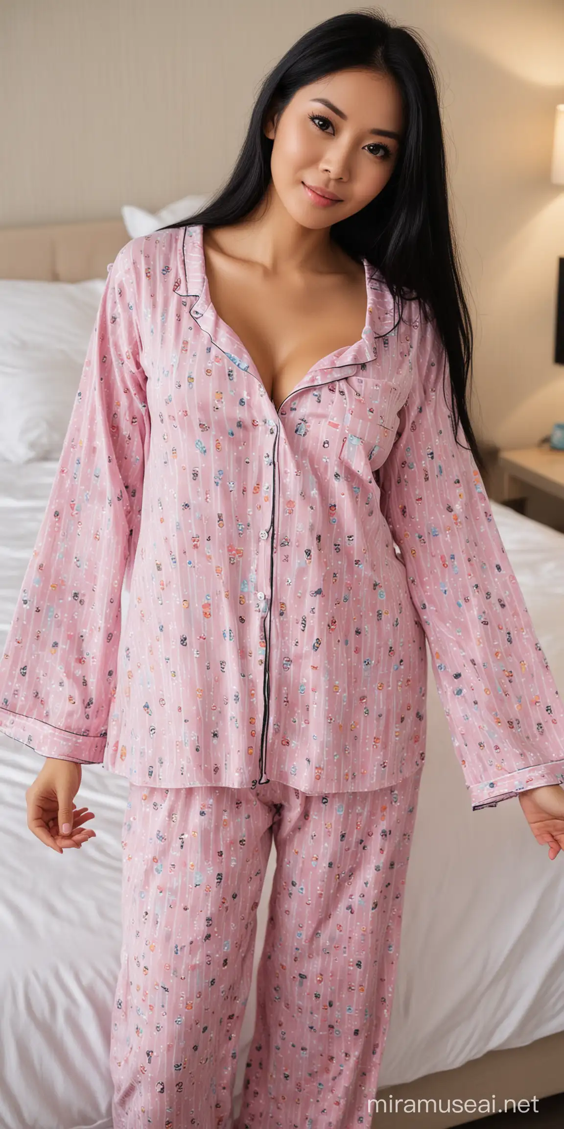 Stunning Indonesian Woman in Pajamas with Long Black Hair and Large Breasts