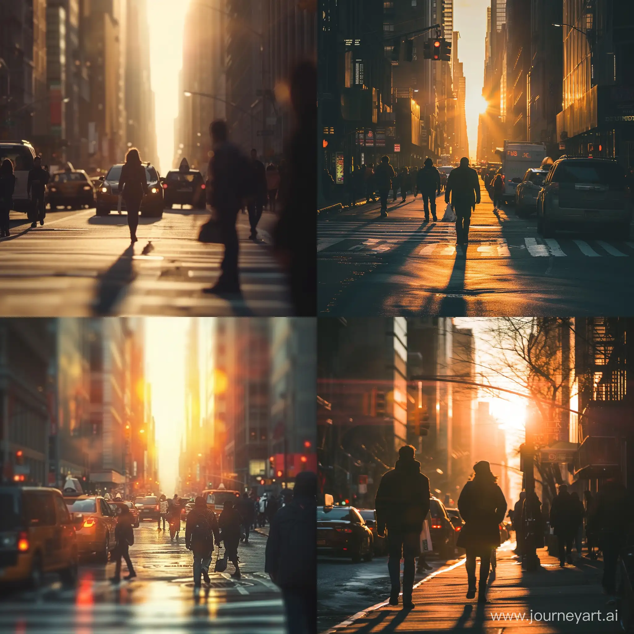 early morning in a city, people on the way to work, traffic, realistic photo, warm light, small details