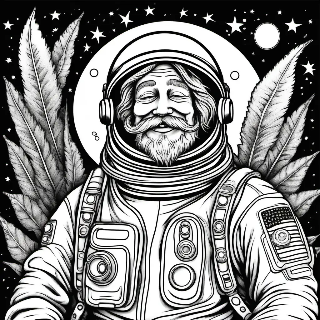 Generate a lighthearted and fun 8 by 10 coloring page featuring a hippie astronaut smoking a joint in a realistic modern cartoon style. The astronaut should be depicted in a humorous and joyful pose, black and white only. Feel free to add elements that resonate with hippie and stoner culture, ensuring it remains light-hearted and enjoyable. Make it simple enough for a 12  year old to color. Use stong clean lines, simplified details
