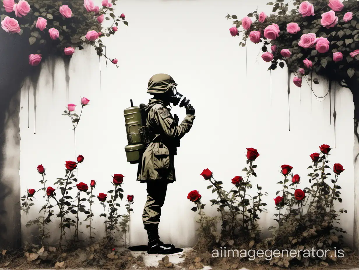 Girl in army clothing and gas mask stands alone at a rose bush and smells a blossom - against a white background - Banksy Art
