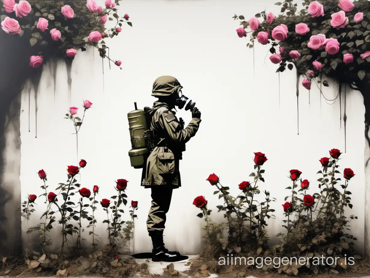 Mädchen in Armeekleidung und Gasmaske steht alleine an einem Rosenbusch und riecht an einer Blüte - vor weißem Hintergrund - Banksy Art