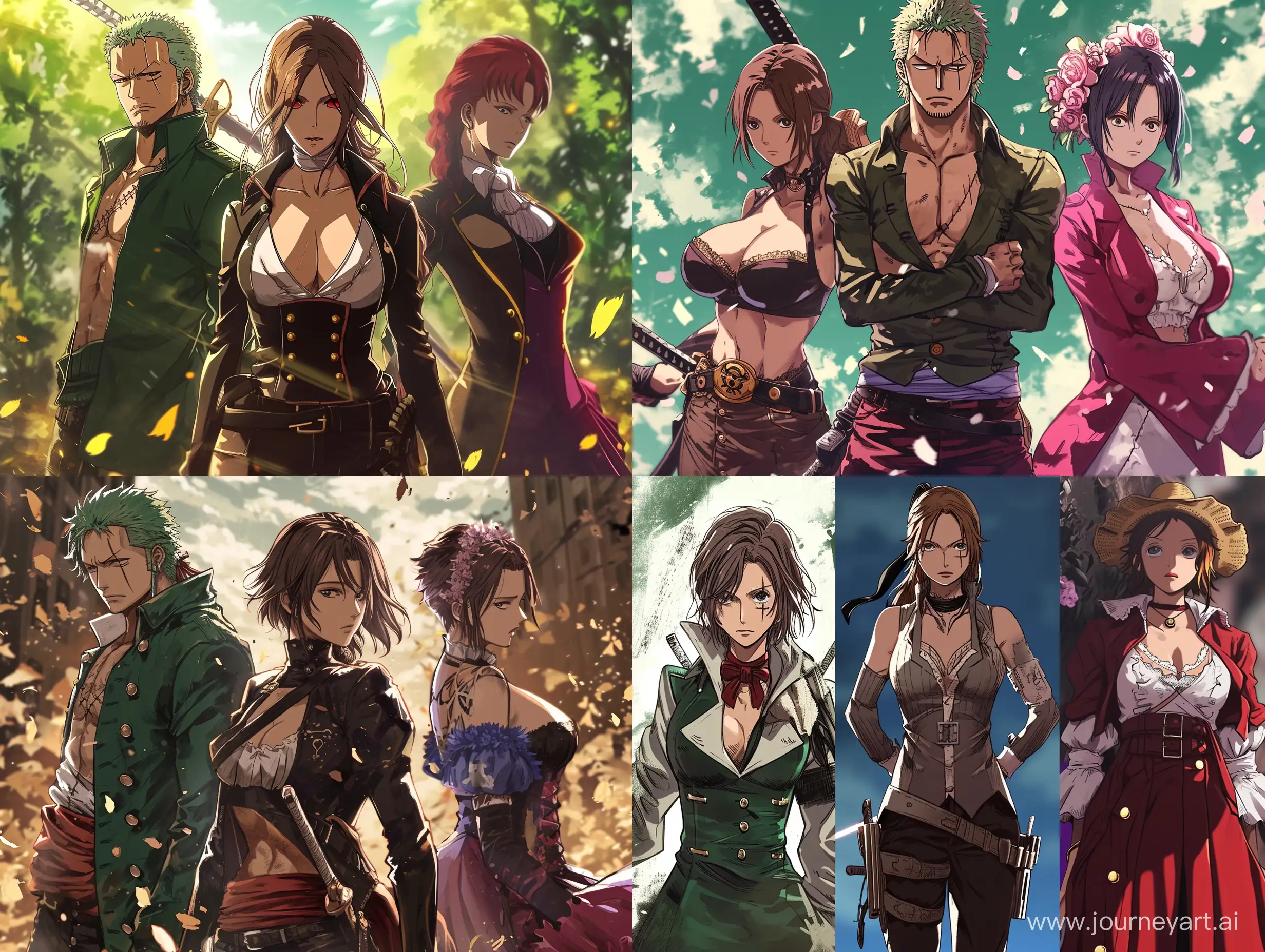 Claire Redfield with Roronoa Zoro and Violet Evergarden