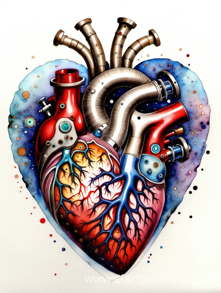 Необычный космический рисунок сердца, анатомическое, клапаны, жизнь, Акварель, 