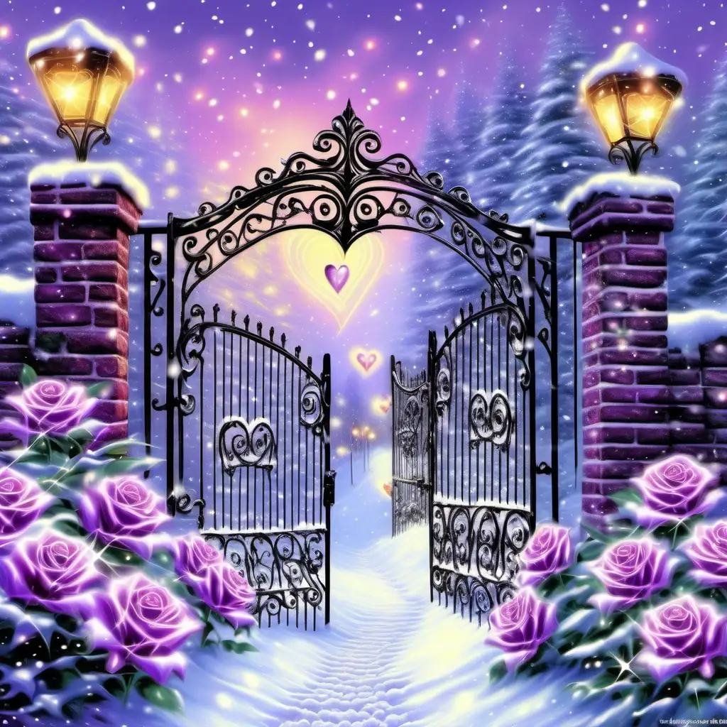 Sparkling hearts in the snow leading to a wrought iron gate with bi colored roses beautiful snowy background purple iridescent glitter, glowing, transparent, sparklecore, Thomas Kinkade
