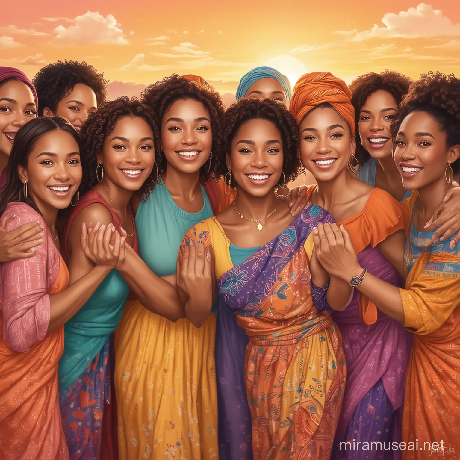 create an image regarding; Let's normalize kindness and empowerment among women. Compliment a friend, support a stranger, uplift a colleague. Small acts of love create waves of change. Together, we rise by lifting others. using diverse women with vibrant color