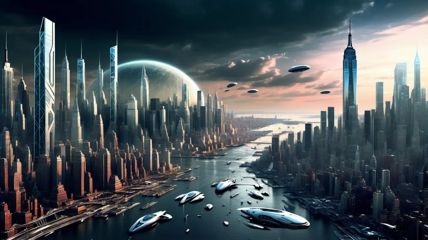 futuristic New York landscape, technological New York skyline, sci-fi, modern buildings