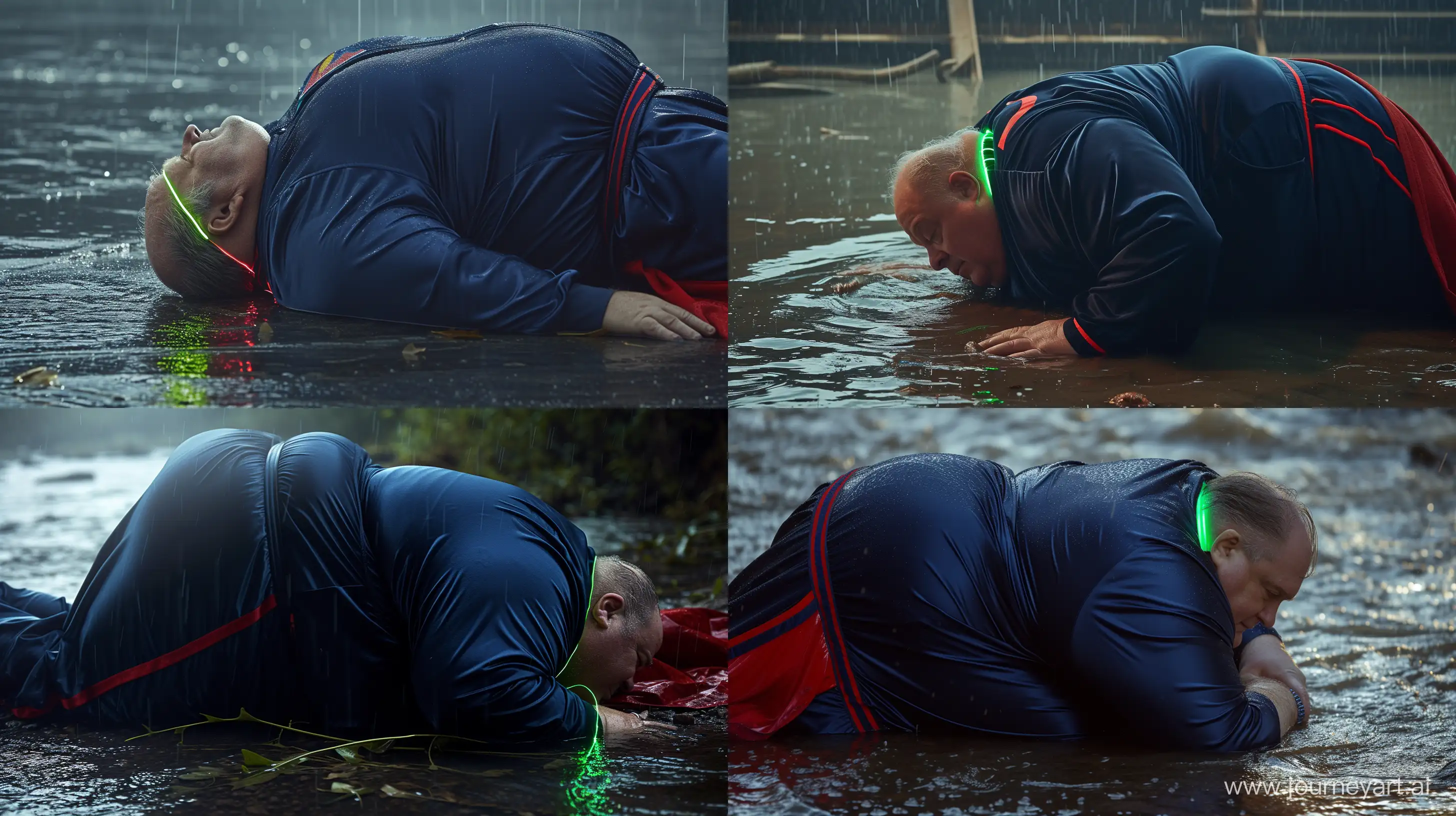 Close-up photo of an overweight man aged 60 wearing a navy silk blue tracksuit with a red stripe on the pants. Bending behind and tightening a tight green glowing neon dog collar on the nape of a fat man aged 60 wearing a tight blue 1978 smooth superman costume with a red cape lying in the rain. Natural Light. River. --style raw --ar 16:9