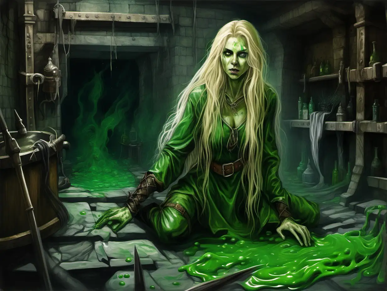 crazed young elf woman, long blonde hair, sickly skin, feral, savage, dungeon lab, vats filled with green liquid, Medieval fantasy painting
