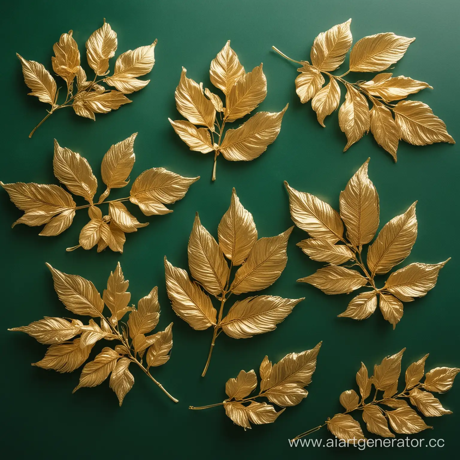 Golden-Leaves-on-Emerald-Green-Background-Lush-Foliage-Nature-Illustration