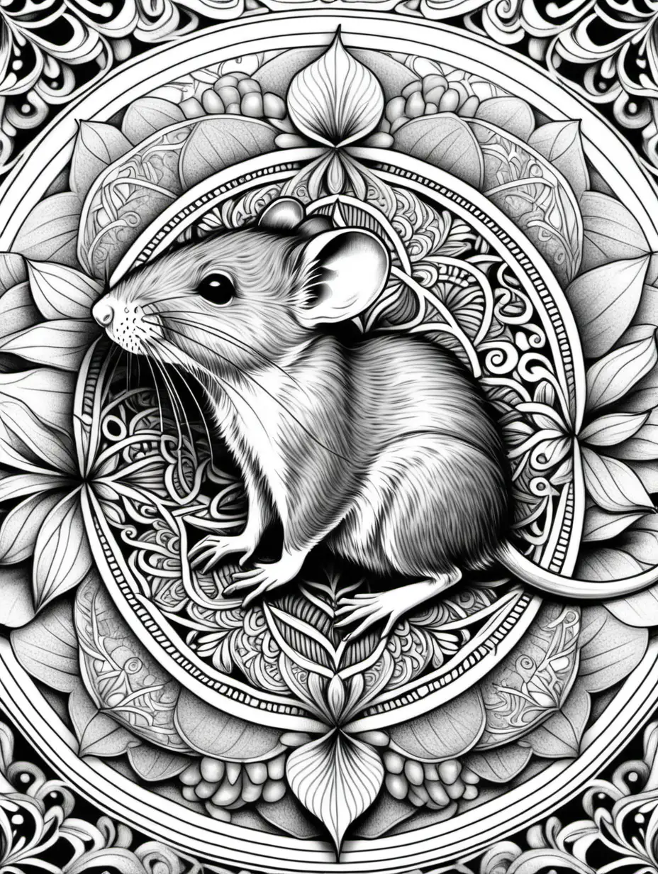 adult coloring book, field mouse, mandala, black and white, high detail, no shading,