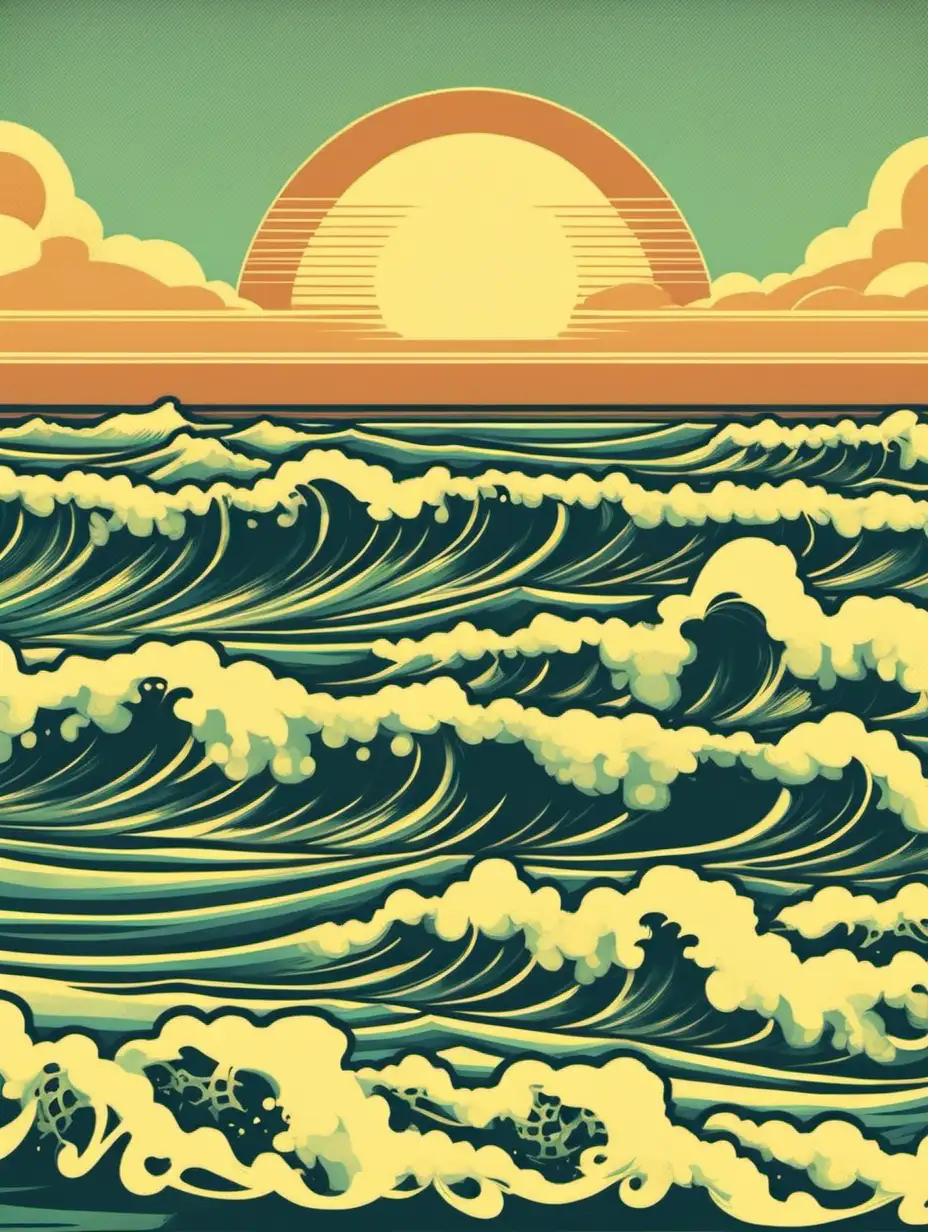 Retro Beach Ocean Waves Art Nostalgic Coastal Scene with Vintage Vibes