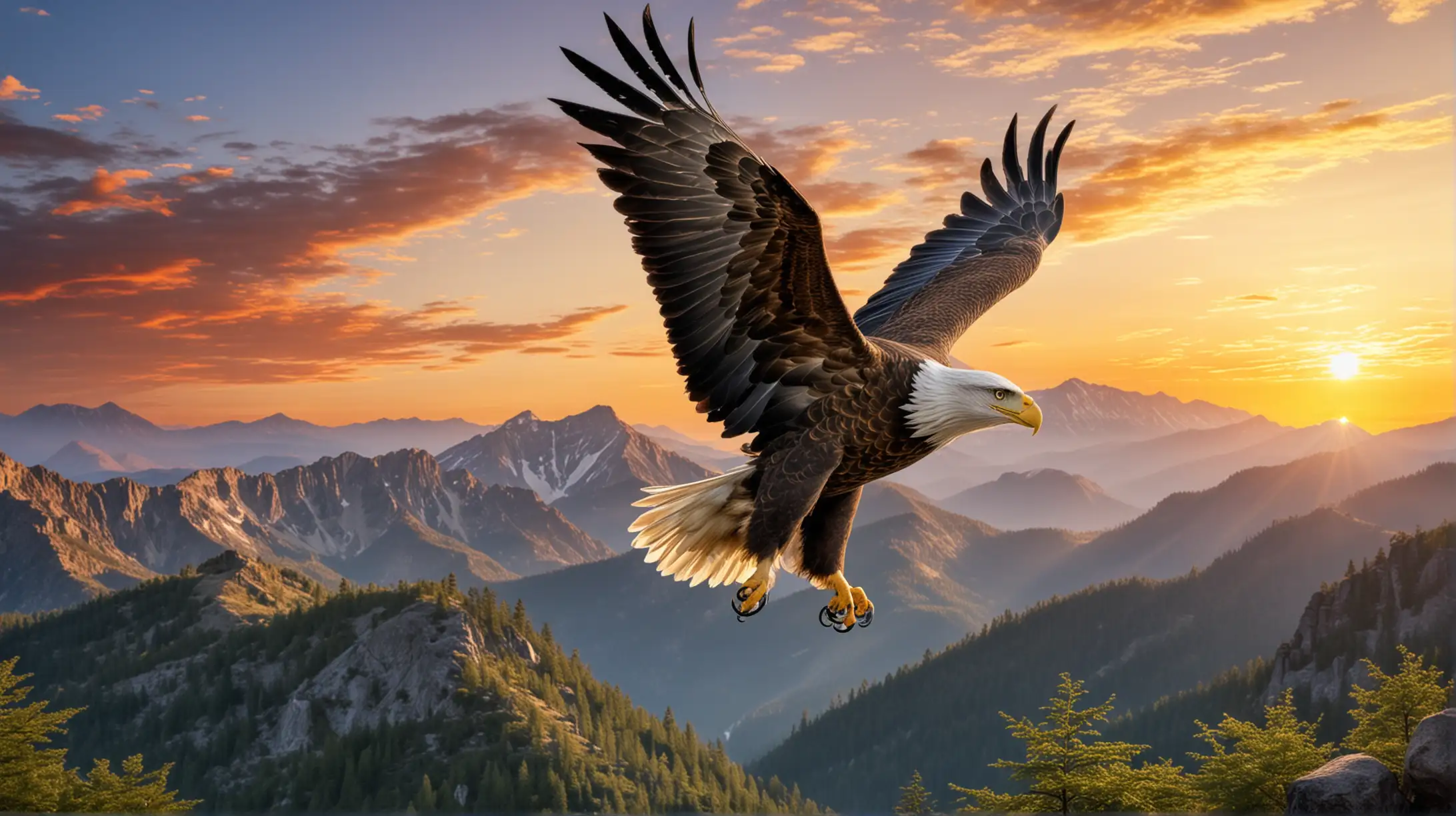 Majestic Sunrise with American Eagle Soaring Over Mountainous Landscape