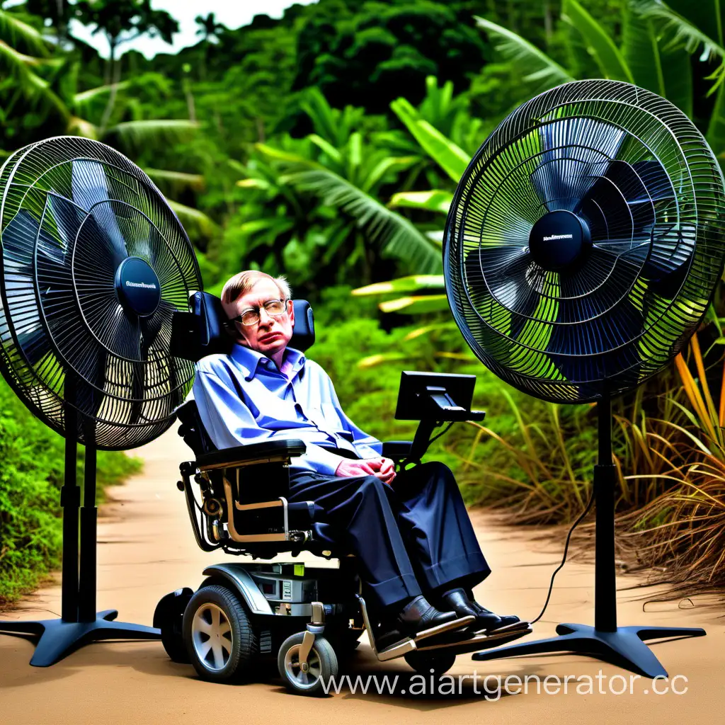  Stephen Hawking on an island is sitting between 2 big electric fans and also one  paper semi fan is above him
