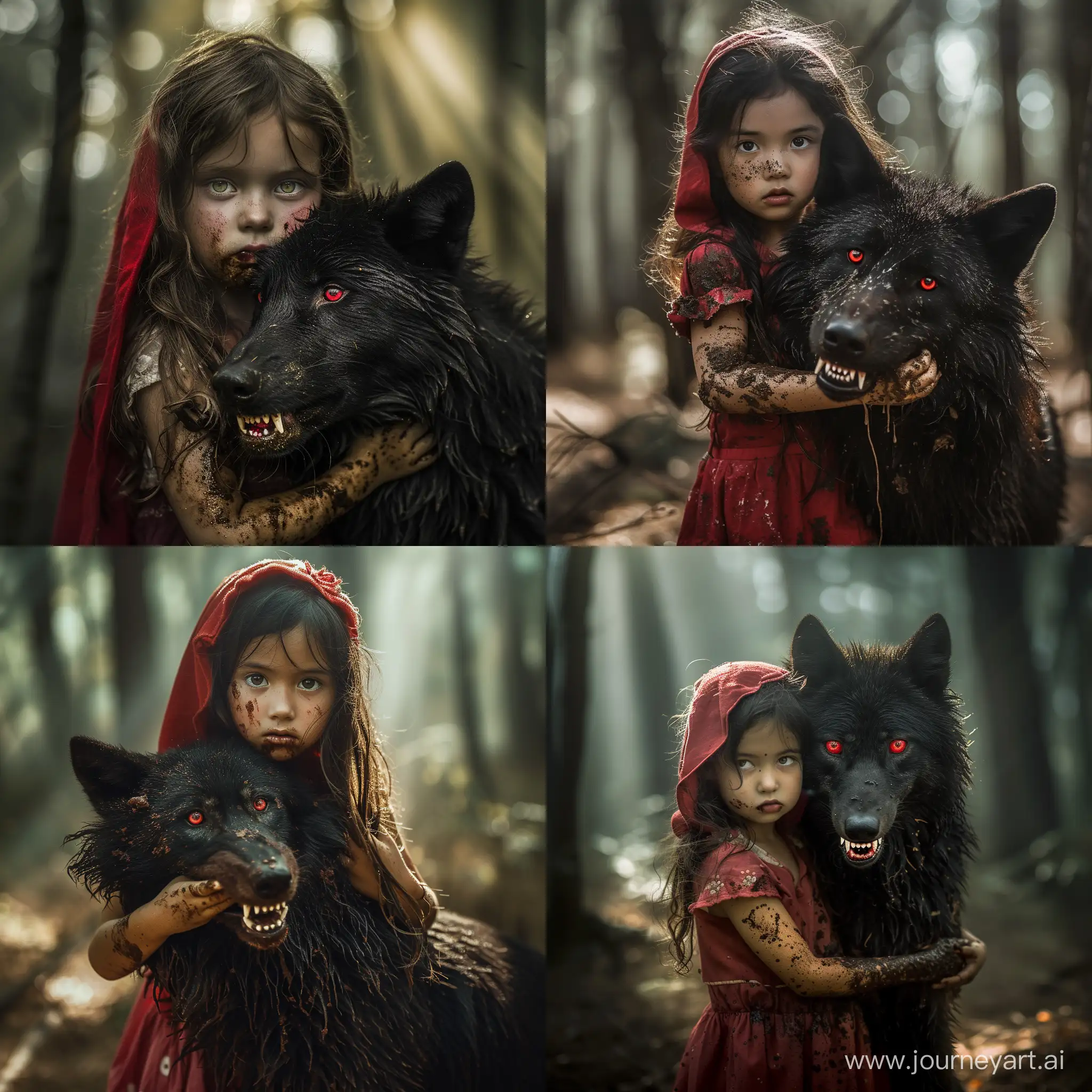 Enchanting-Encounter-Little-Red-Riding-Hood-Confronts-the-Ferocious-Black-Wolf-in-a-Mysterious-Forest
