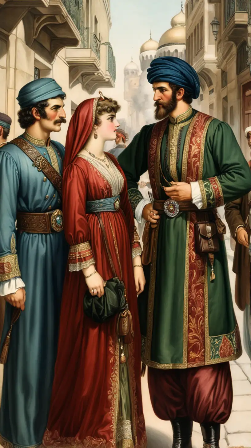 Stylish Young Men and Women Conversing in the Bustling Streets of the Ottoman Empire