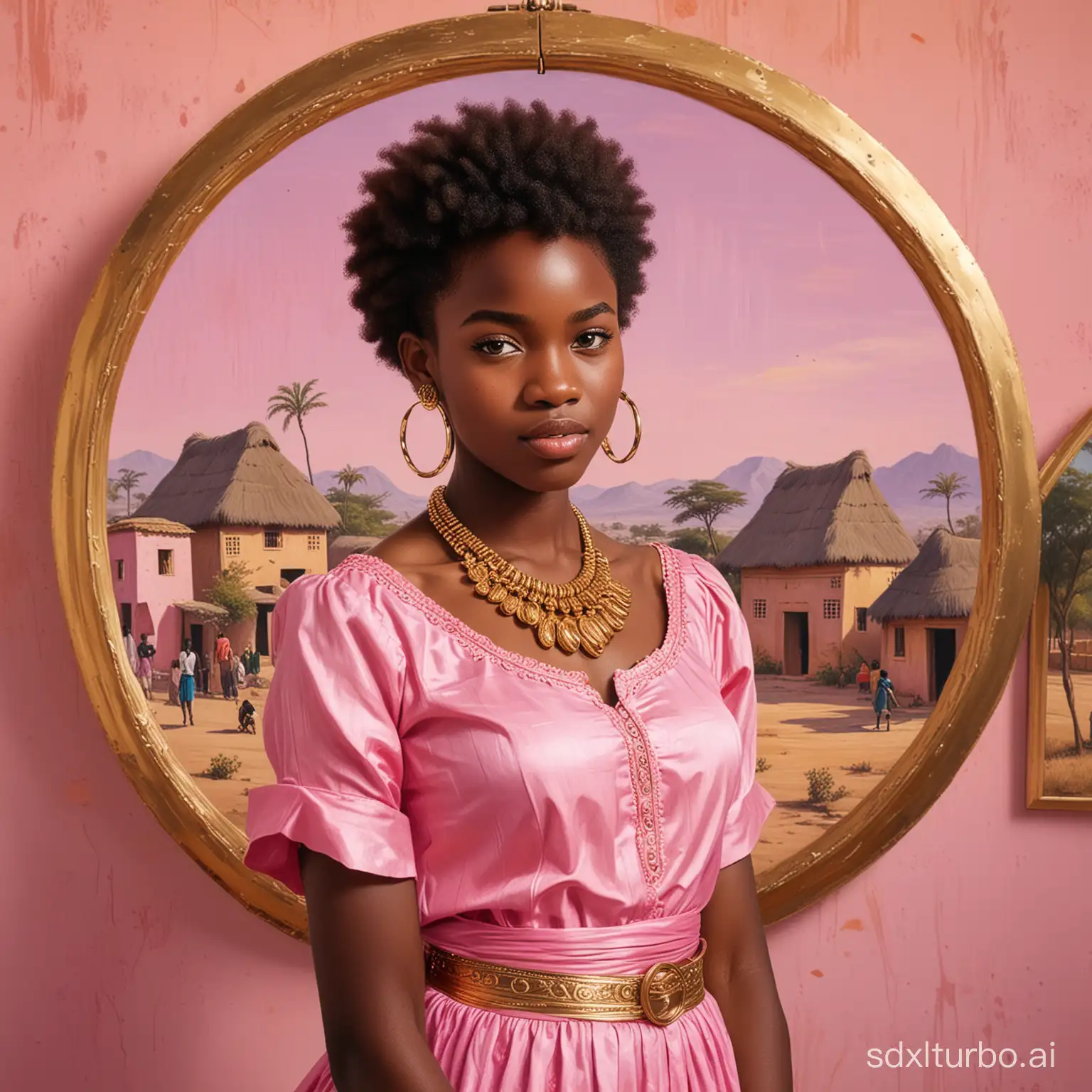  a painting in a museum of a royal African black teen with short coiled hair, long lashes, lots of rings on hands, large gold hoop earrings and a gold african necklace, pink African dress, playful expression, the painting has a African village background, concept art