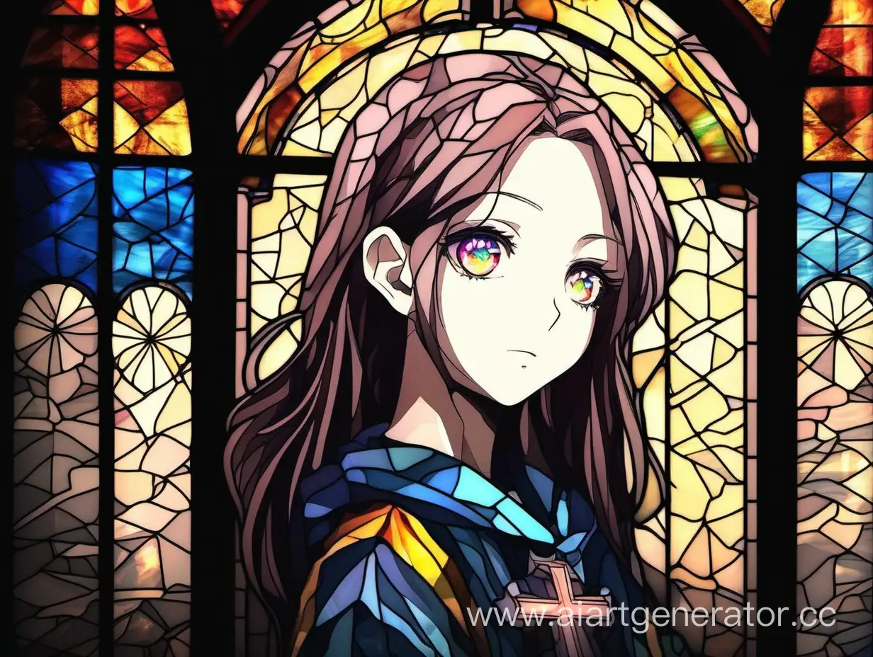 Портрет девушки на церковном витраже, аниме стиль