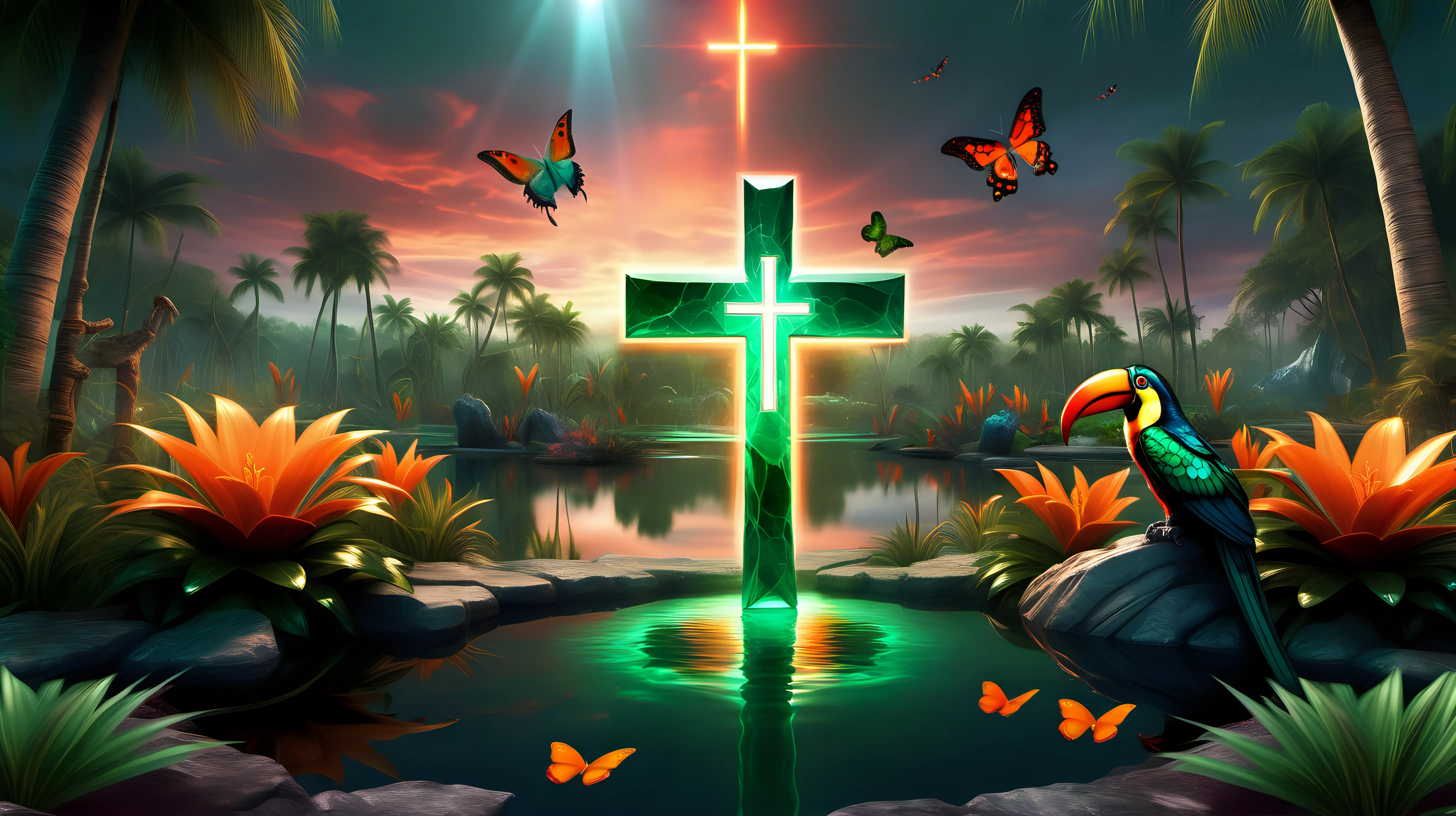 realistic image of large glowing emerald with a glowing orange cross inside sitting in the middle of a pond set in a fantasy  landscape that has a lot of colors, parrots, toucans, and butterflies

