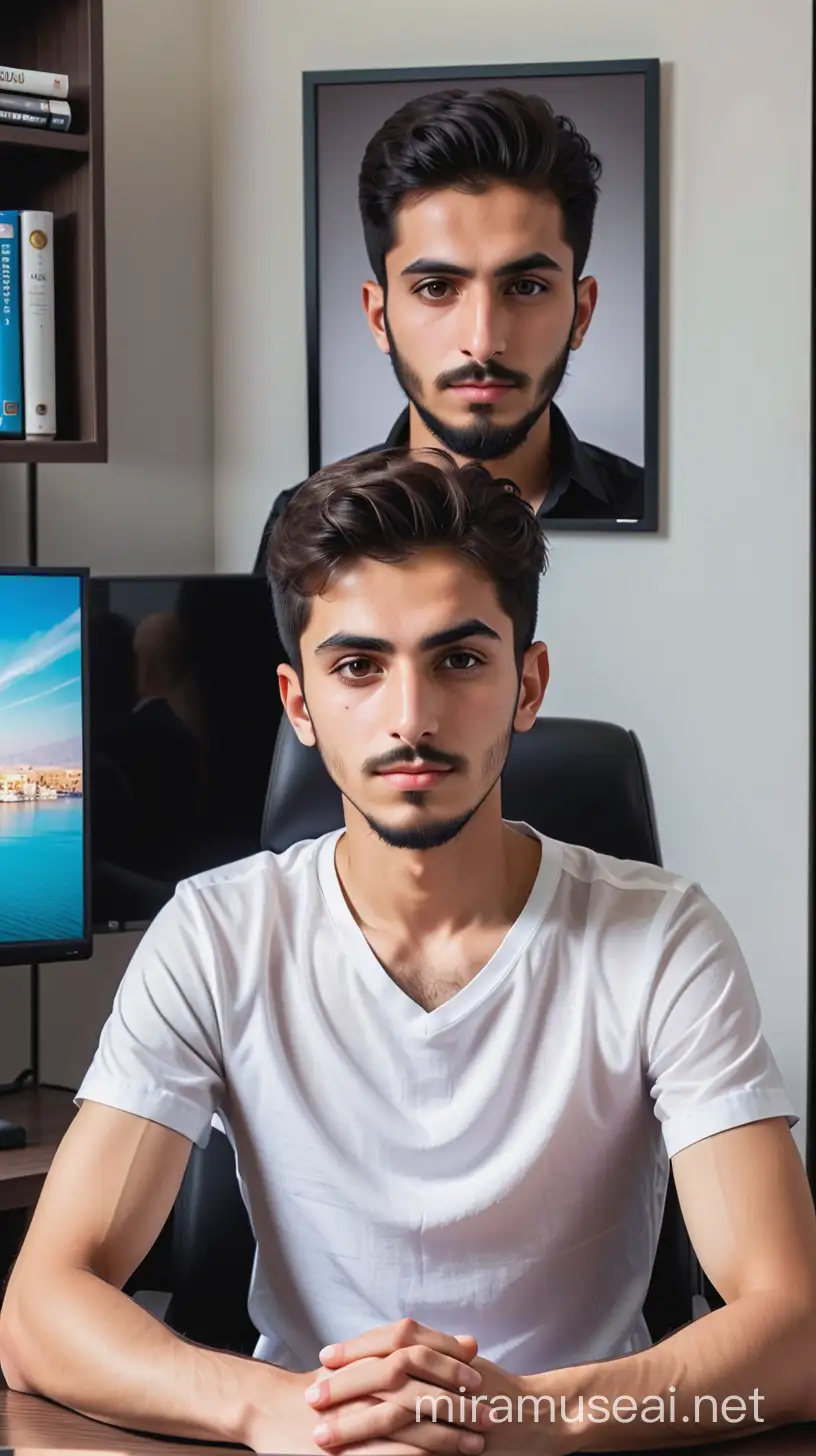 An Iranian boy with a long and angular face, a full and short beard, 20 years old, with a four-shouldered body, wearing a white shirt, sleeves folded up to the elbows, and a black vest with veined hands, sitting behind the management desk, looking at the camera and the view. Behind him, put a monitor and a 40-inch LED TV playing a movie, and the ambient light should be low