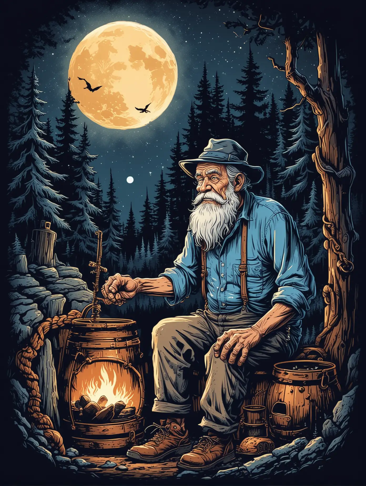 T-shirt cartoon spot color style Design with a Crazy looking old man moonshiner with a night time blue tones look sitting beside a copper coiled Moonshine Still with a fire cooking the pot underneath with bigfoot in the distance bigfoot
