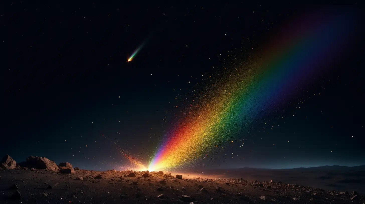 a comet in the night sky, burns bright, leaves a rainbow dust trail behind it, photo real, wide shot