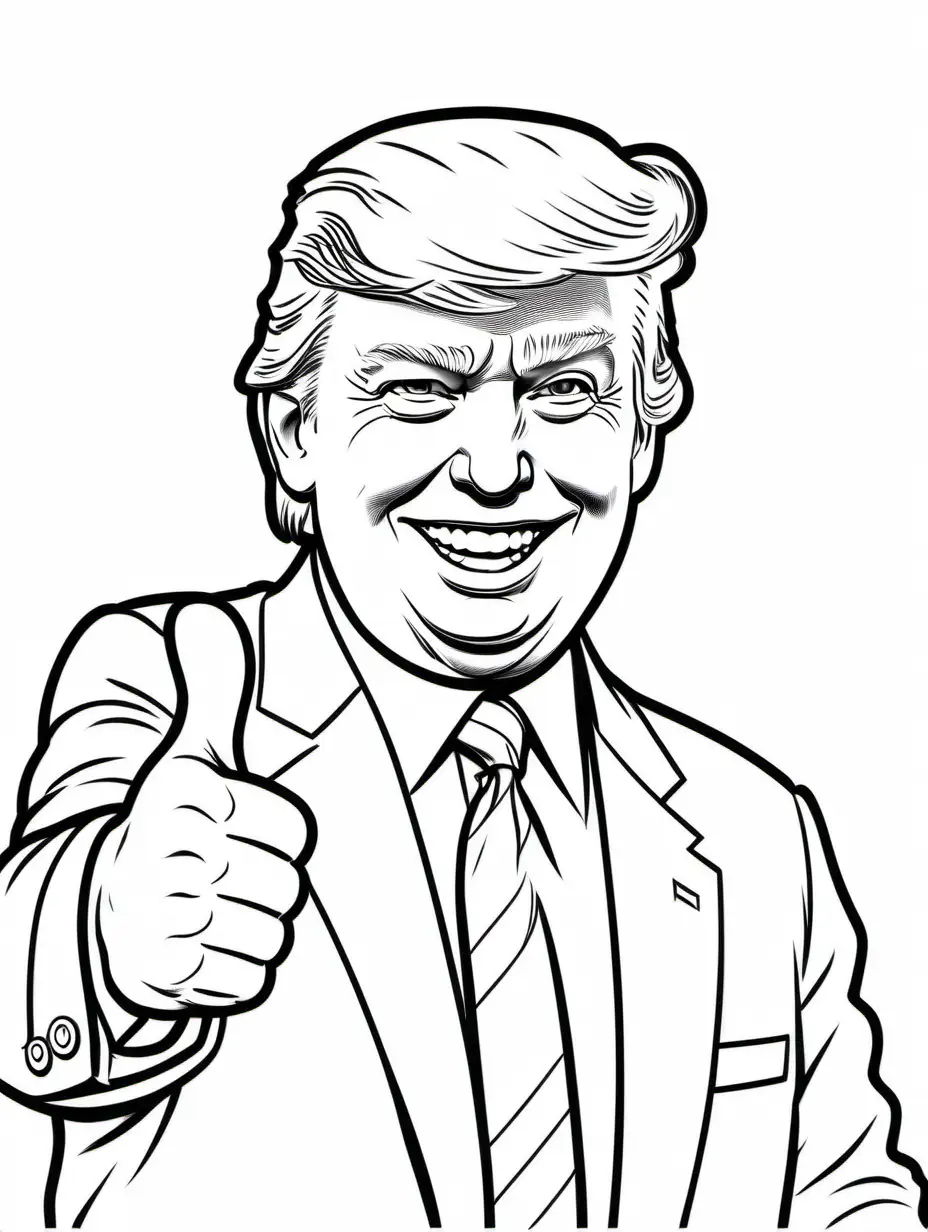 Kids coloring page, b&w lineart, simple, outline, white background, realistic Donald Trump giving a thumbs up