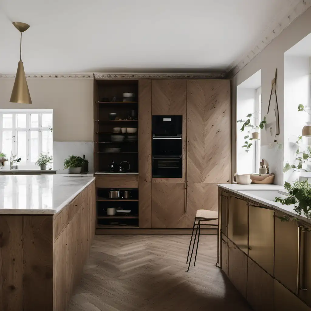 User Gör en inredningsbild på ett kök en våning i Stockholm. köket ska vara svensktillverkat kvalitetskök i skandinavisk design. Ett klassiskt Shakerkök, i det vackra och luftiga rummet med högt till tak och i ögonfallande stuckaturer med vackra detaljer i mässing, marmor och ett vackert vitrinskåp med gröna luckor i trä