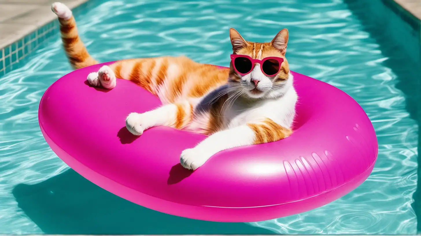 cat in a swimming pool wearing sunglasses, lying on its back on a pool float, one leg sticking up