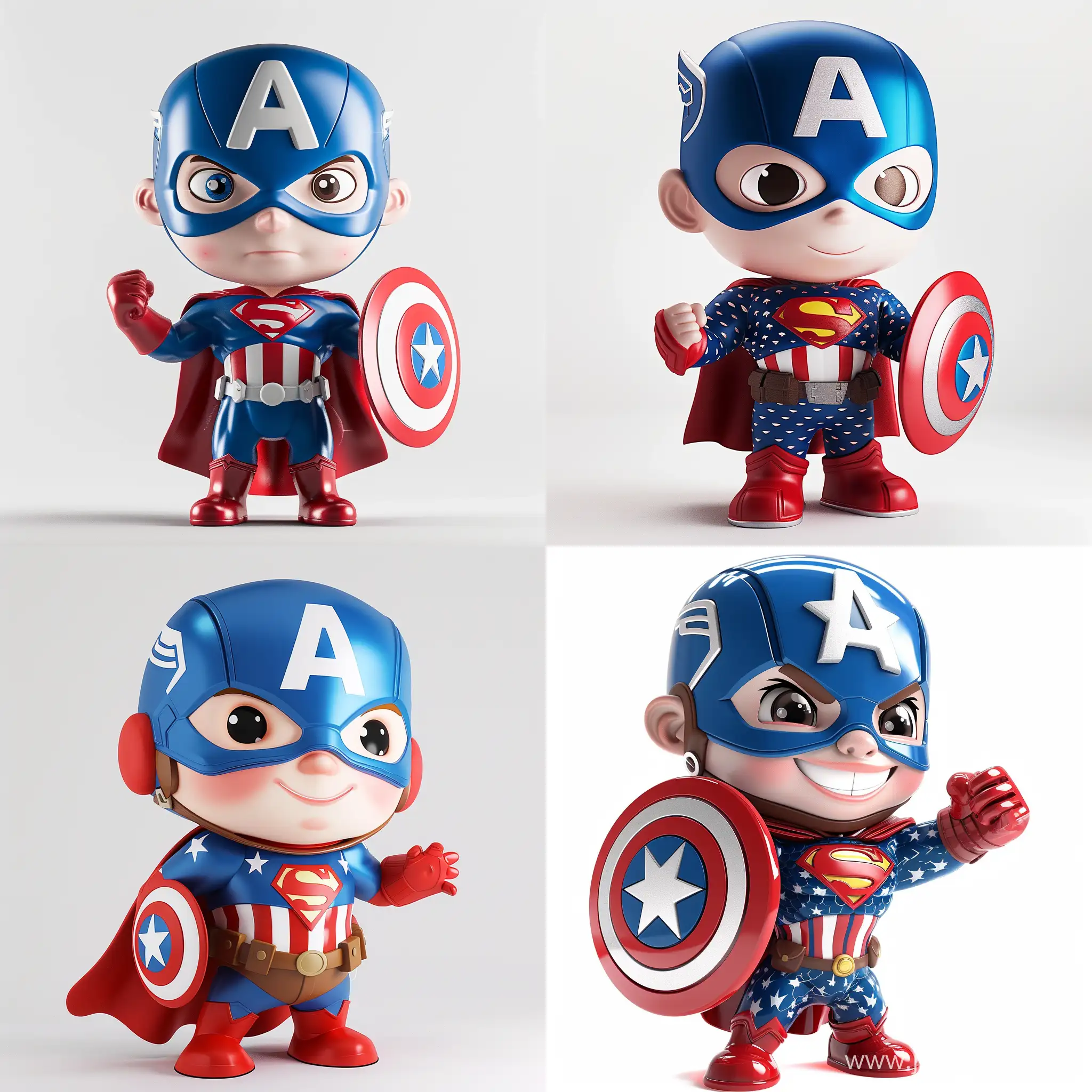 Handsome Captain America, mischievous posture, kawaii, full body, white background, blind box style, red, blue, black, popmart, chibi, holographic, PVC, fine gloss, OC renderer, c4d renderer, 3D model, best quality, super detail, 8k, Superman, raise your hand and fly