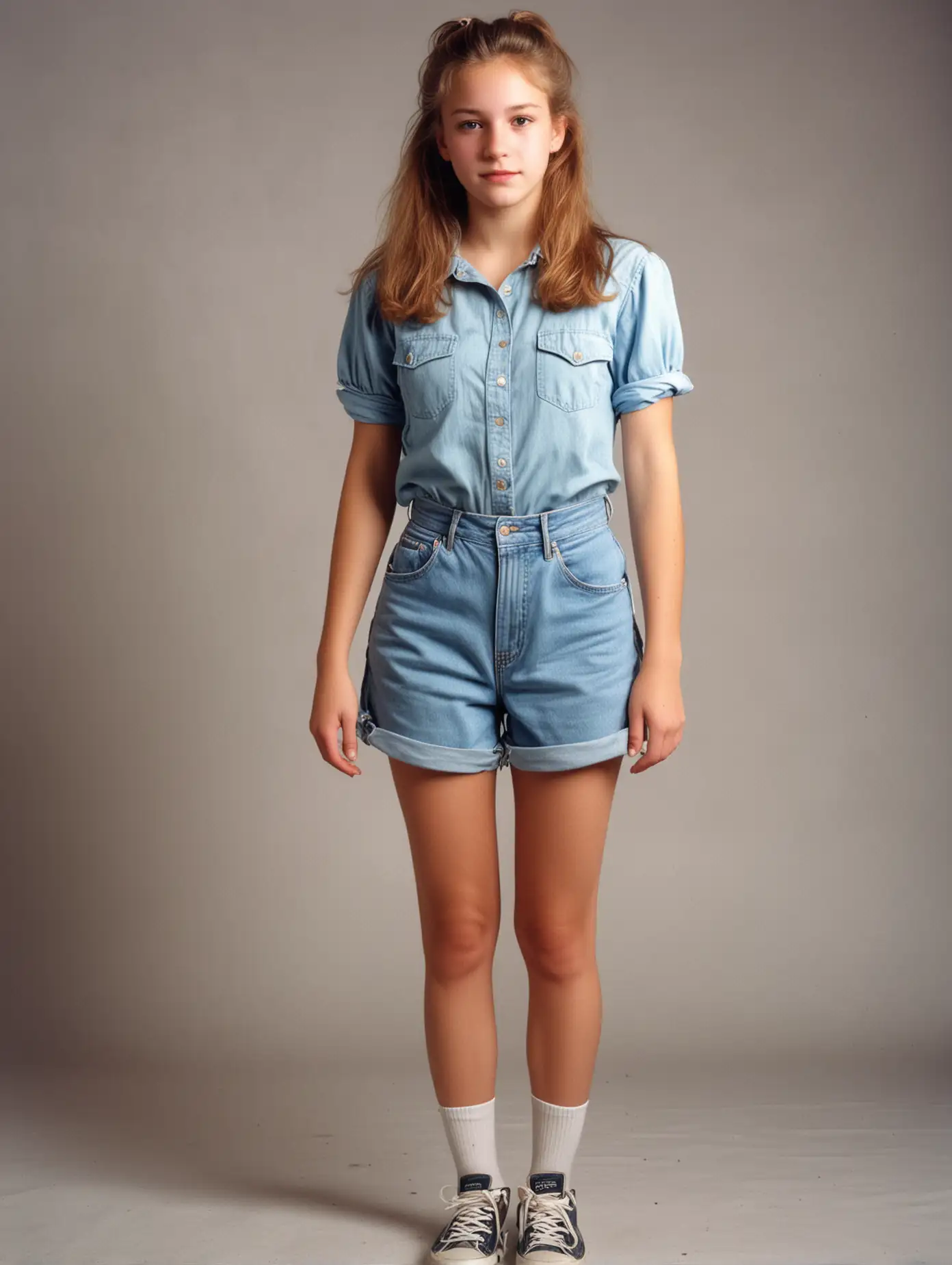 A girl, an old photo from the 80s and 90s in the United States, facing the camera, 18 years old, full body photo, 