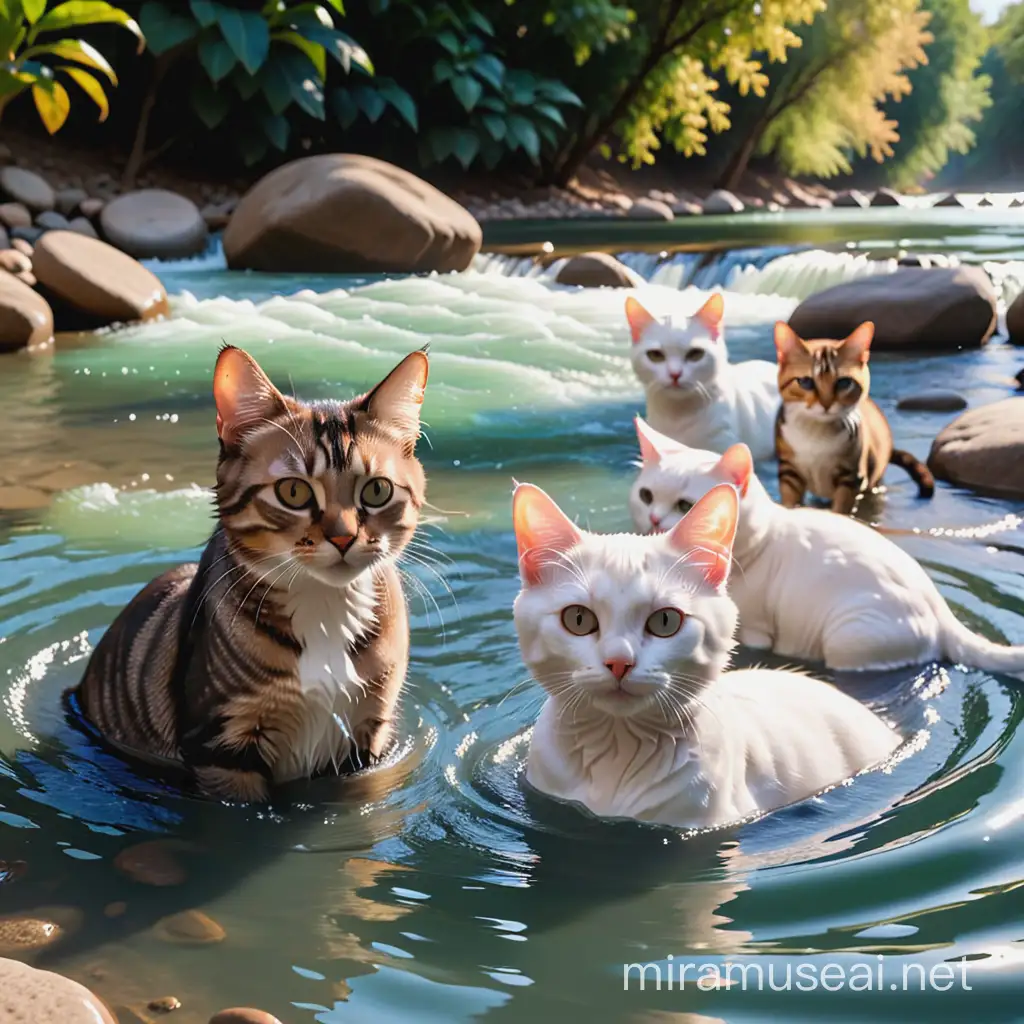 Feline Friends Enjoying a Refreshing Dip in the River