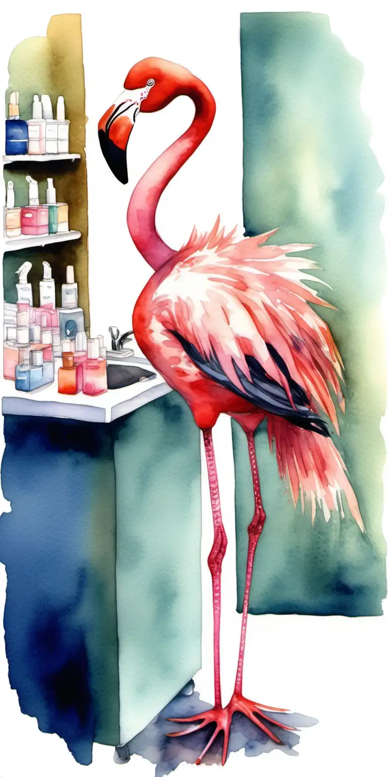 friendly flamingo dressed as a beautician, watercolour