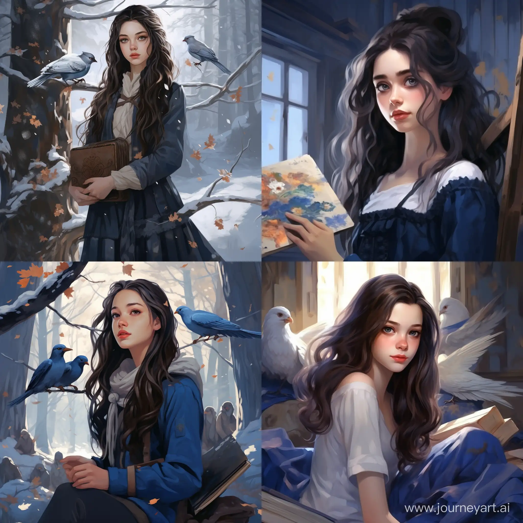 Beautiful girl, dark hair, blue eyes, snow-white skin, teenager, 14 years old, in the style of Harry Potter, Hogwarts, Ravenclaw, full-length, magic, high quality, high detail, cartoon art