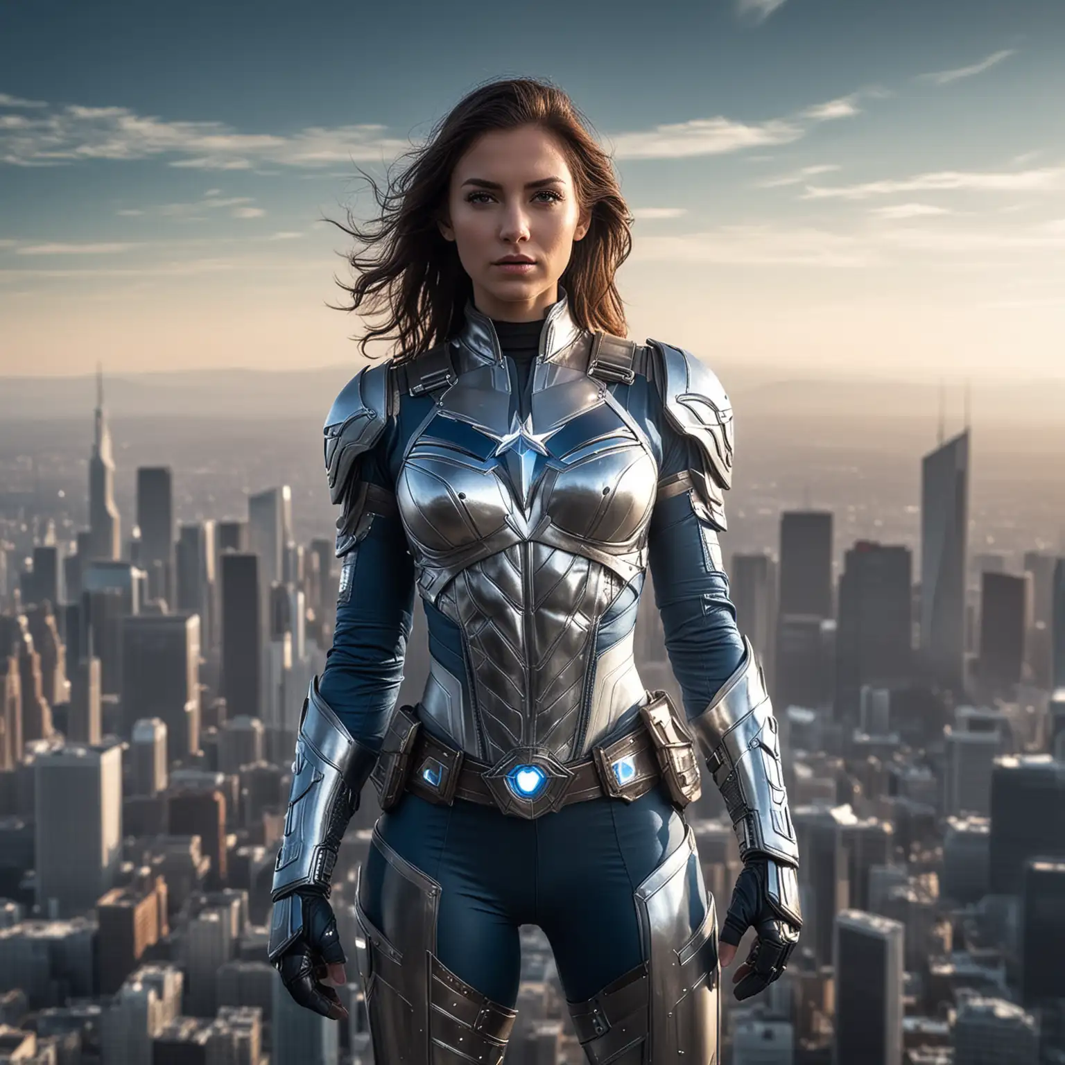 super hero woman looking straight to camera dressed in super hero suit with , armor, belt  in silver and blue in eclipse skyline 