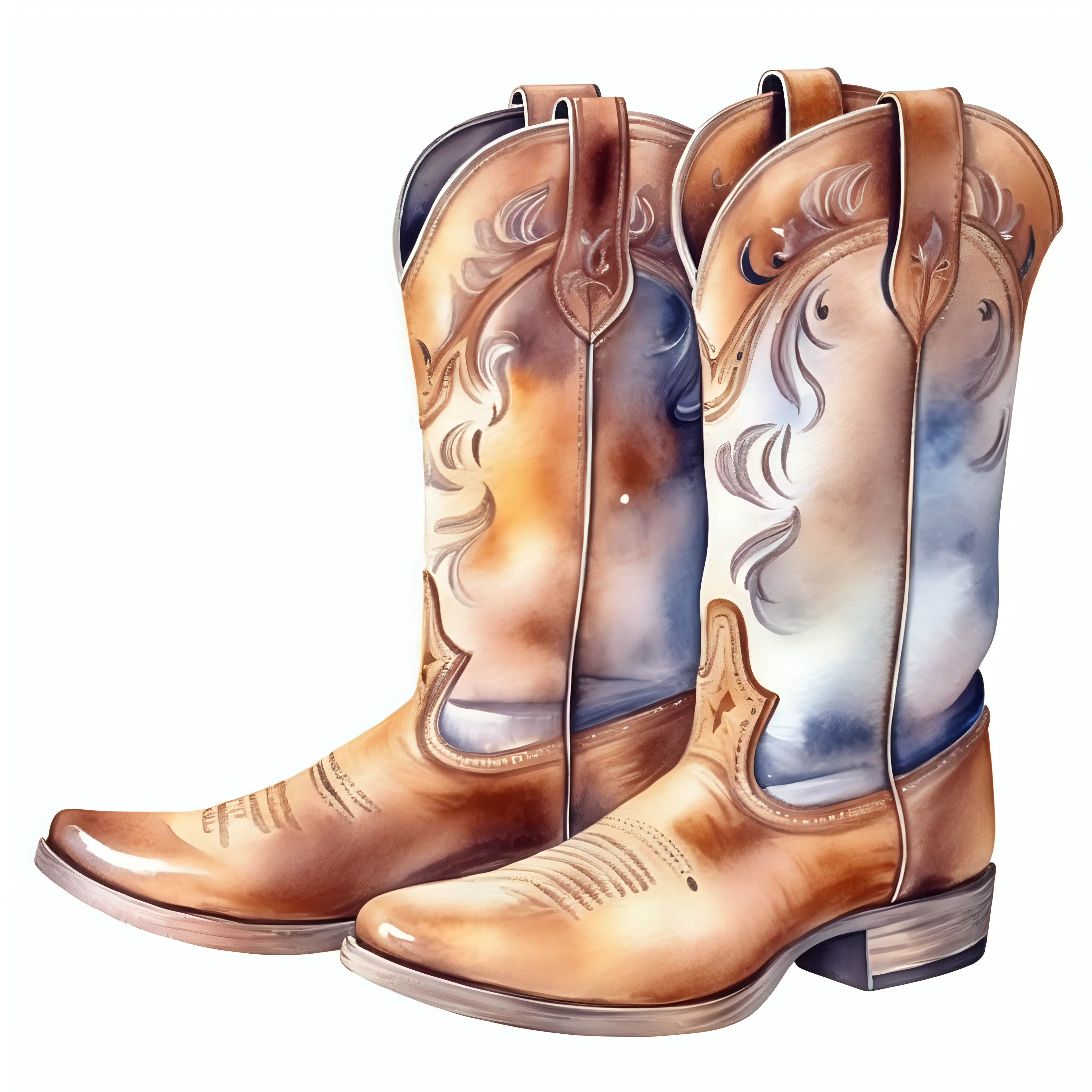 single pair of cowboy boots, watercolor,
 isolated image on white background
