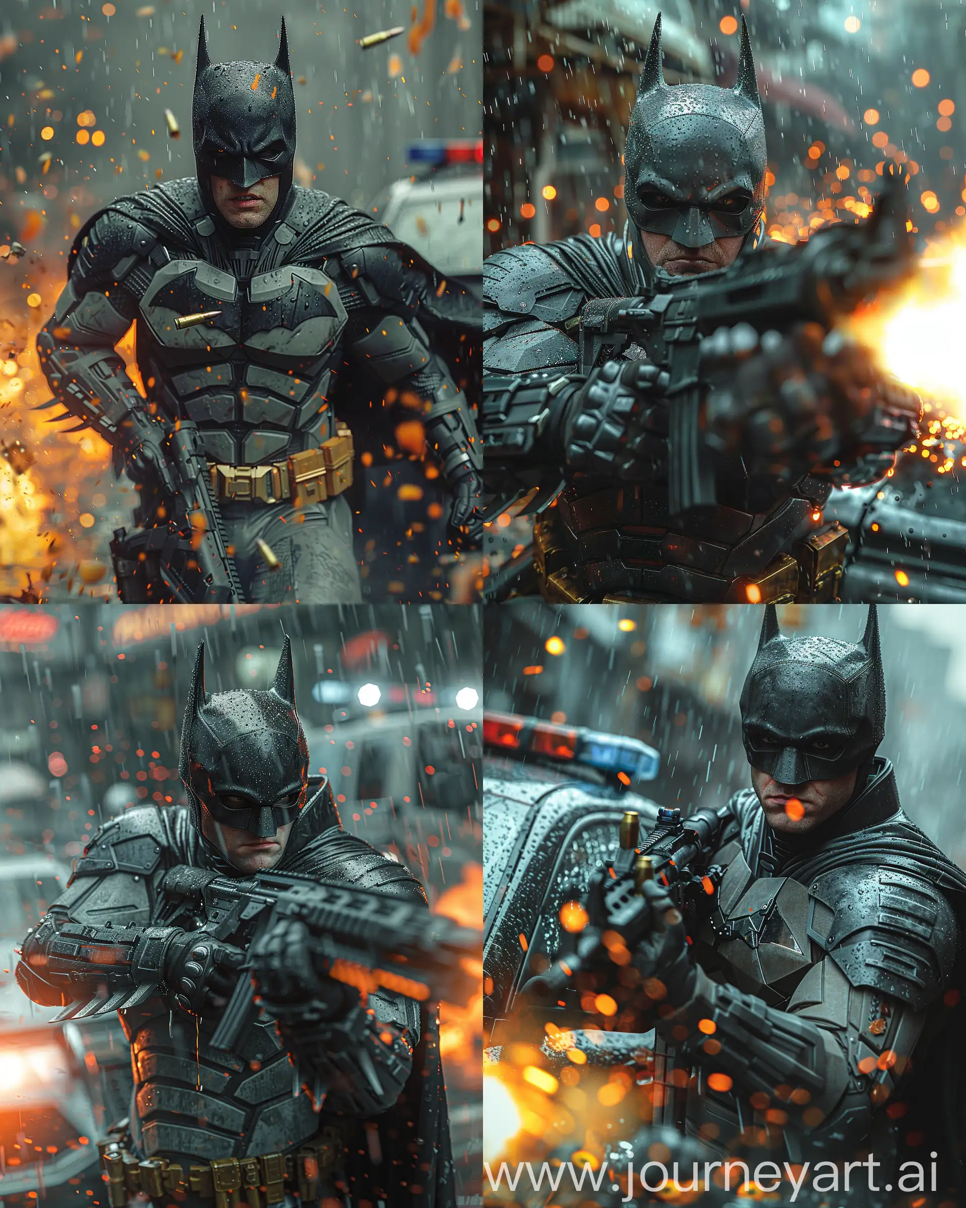 Hyperrealism Futuristic sci-fi high-tech An individual donned in the guise of Batman, inspired by the aesthetics of the Call of Duty game, adorned with an array of weaponry and ammunition, clad in a ballistic-resistant vest. This vigilante figure brandishes a formidable heavy automatic weapon, unleashing a torrent of firepower upon a police car, resulting in a spectacular explosion within an action-packed cinematic setting reminiscent of a high-budget film, glossy dripping wet body with heavy rain environment, sport photography, realistic perspective
 --stylize 750 --v 6.0 --style raw --ar 4:5