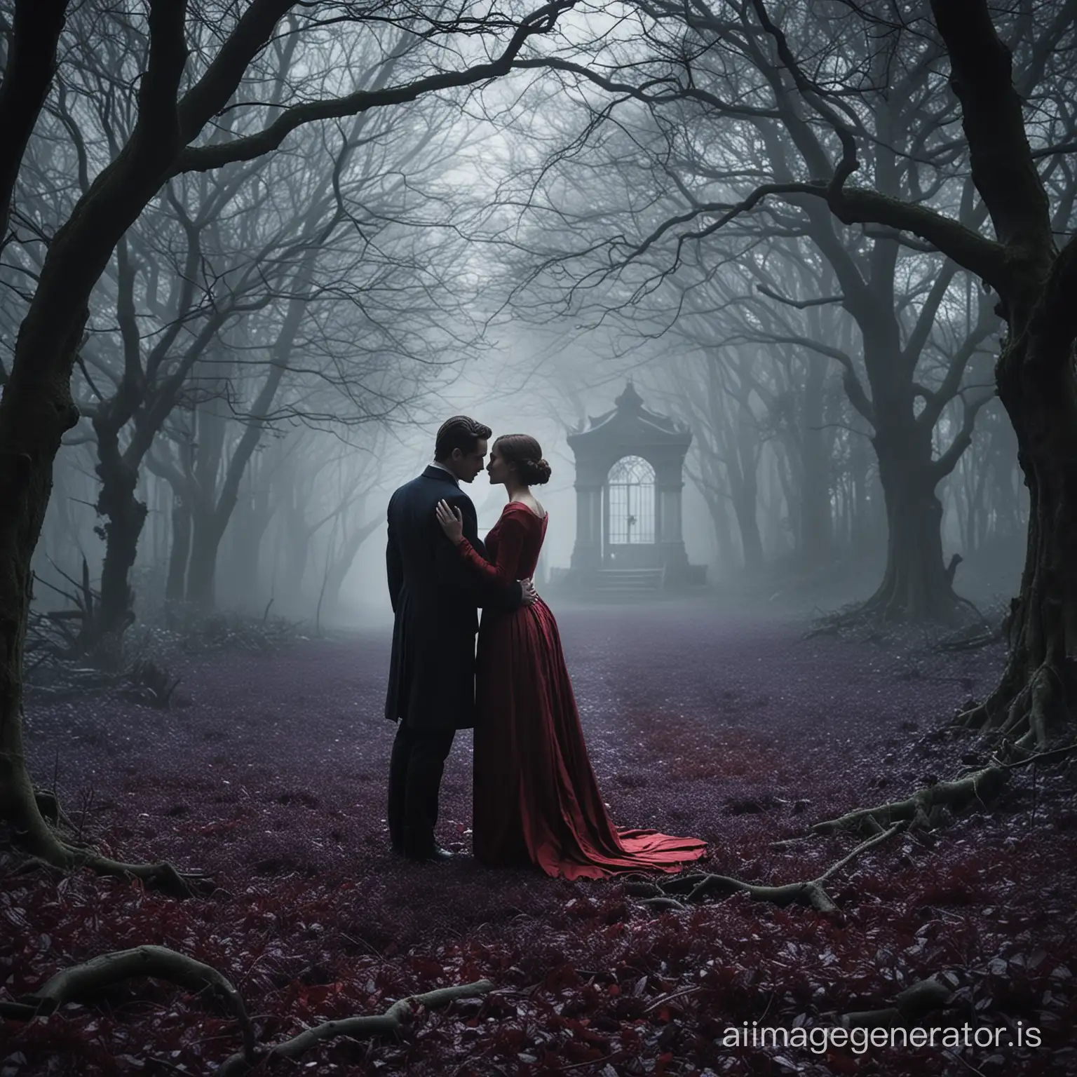 a striking image of a forbidden setting, such as a secluded garden, an old mansion, or a misty forest. In the foreground, there could be silhouettes of a man and a woman, representing the main characters, caught in a moment of intimacy or tension. The atmosphere is filled with intrigue and passion, with hints of mystery and danger lurking in the background. Evoke a theme of forbidden love and the consequences of crossing boundaries. The overall color palette could include deep shades of purple, blue, or red to convey the intensity of emotions and the allure of forbidden desires.