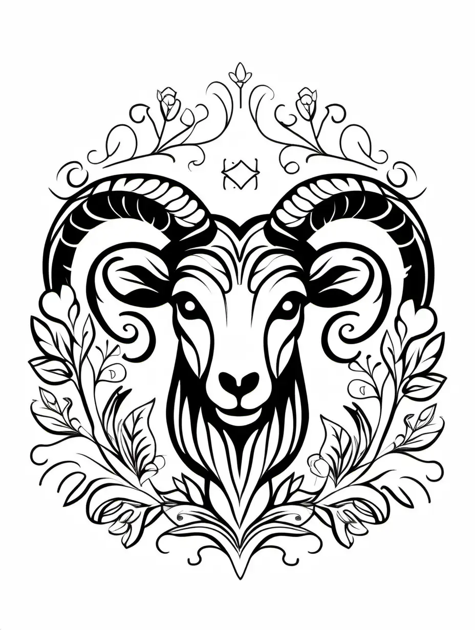 nature themed aries zodiac sign icon, add floral patterns, nature inspired, single line, black and white, clear background