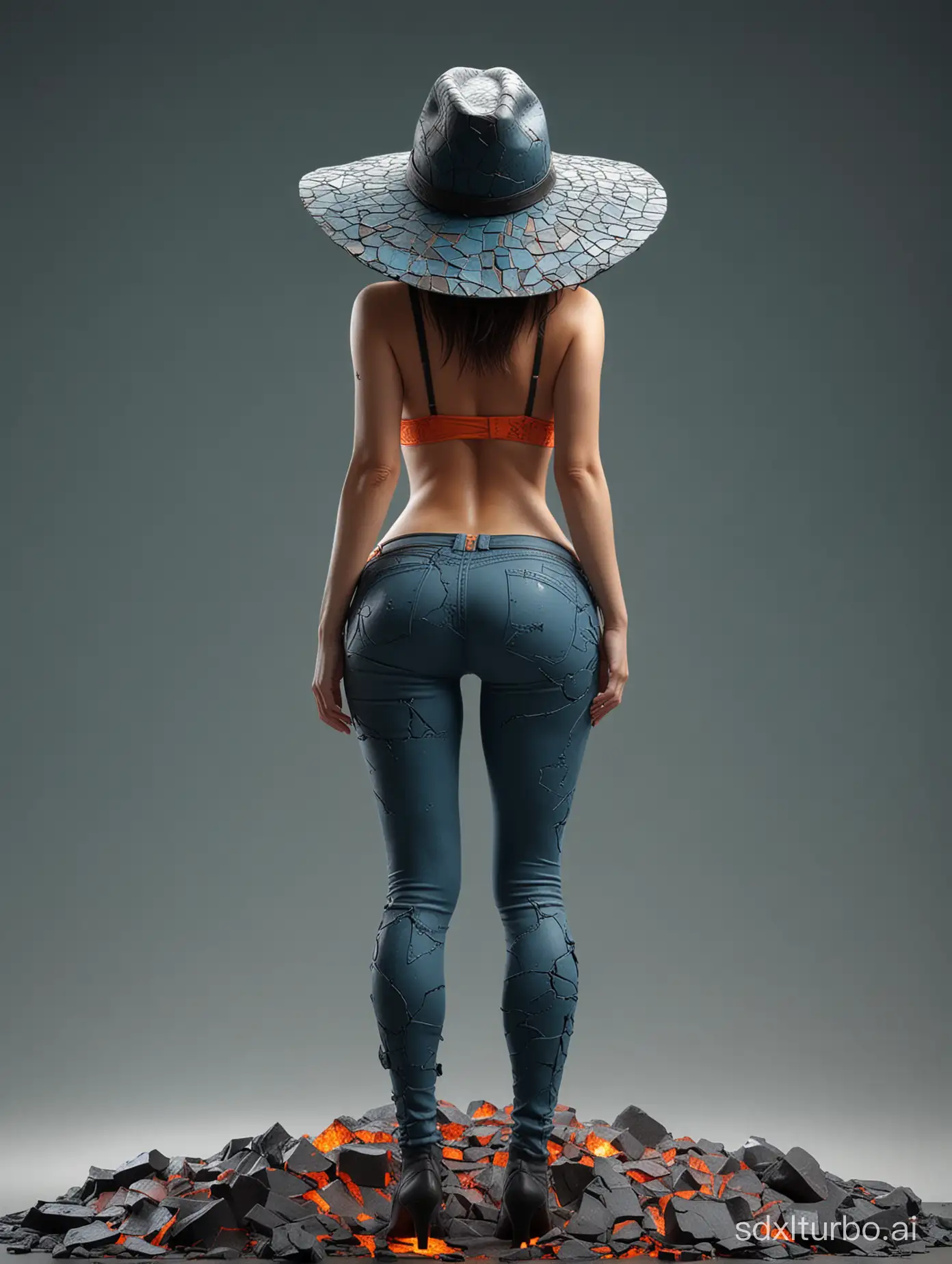 Fukada Kyoko，back view，with hat,((full body, huge round ass)),tank top, huge breast, a photo of a woman on a cracked surface, inspired by Alberto Seveso, featured on zbrush central, orange fire/blue ice duality!, portrait of an android, fractal human silhouette, red realistic 3 d render, blue and orange, subject made of cracked clay, woman, made of lava