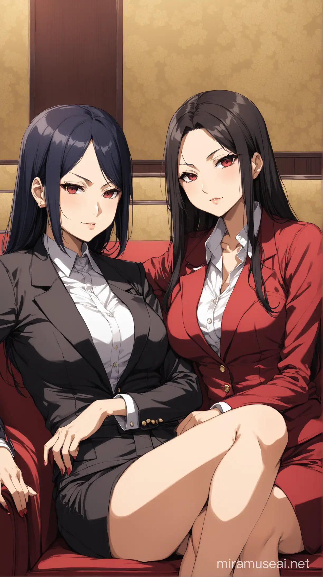 Duas mulheres asiáticas mafiosas em um sofá sentadas. Anime