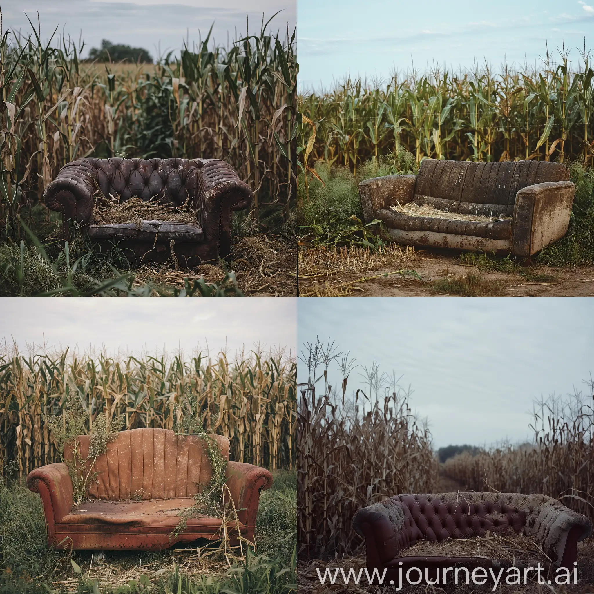 minimalistic photograph of an old wor-out couch in a cornfield, cinematic style, ((wes anderson color grading))