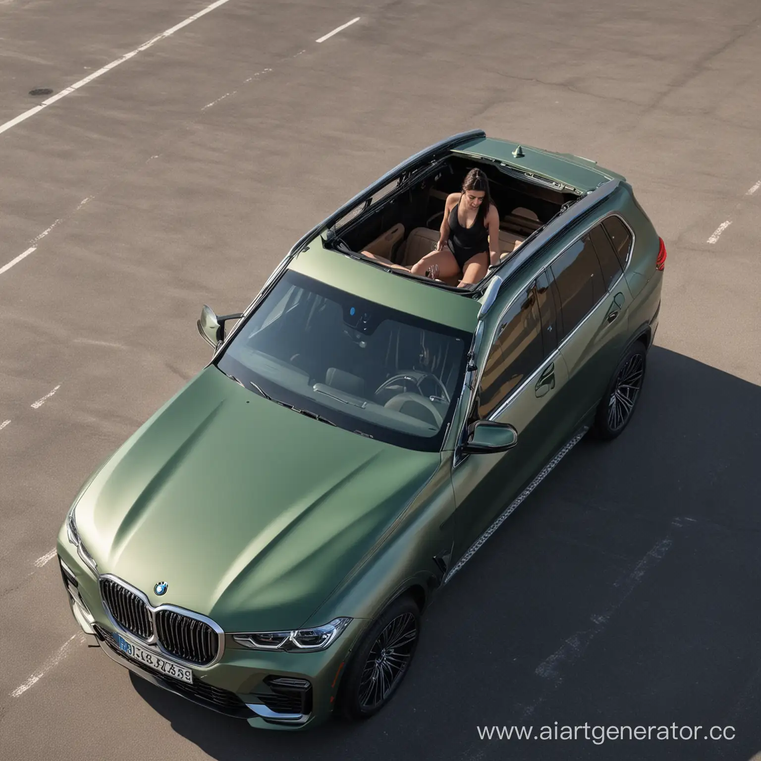 Девушка с темными волосами высовывается из люка на крыше изумрудного матового BMW x7