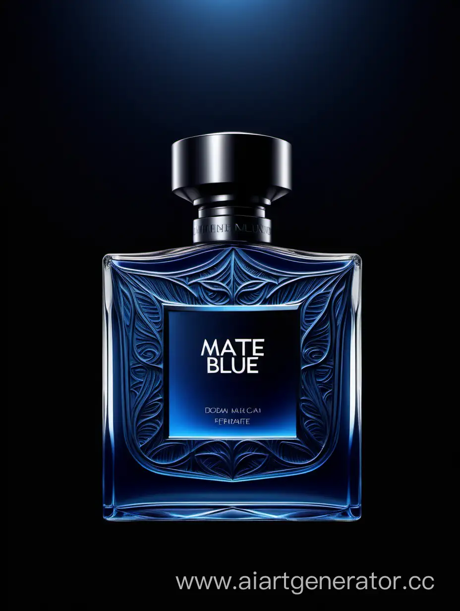 matt blue perfume))), textured crafted with intricate 3D details reflecting light around a ((black background)), with a elegant ((text logo))