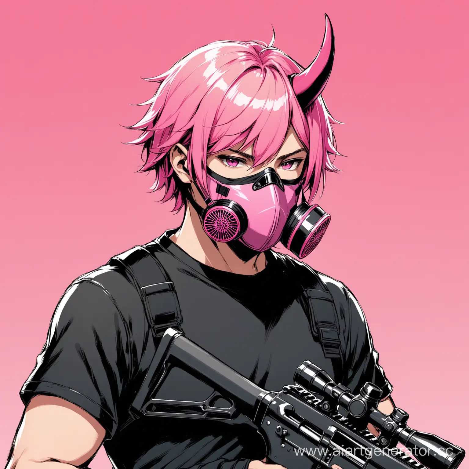 Друтальный молодой мужчина с розовыми волосами и не большими розовыми рогами смотрящими прямо на лице розовая маска роспиратор в черной футболки и винтовка в руках