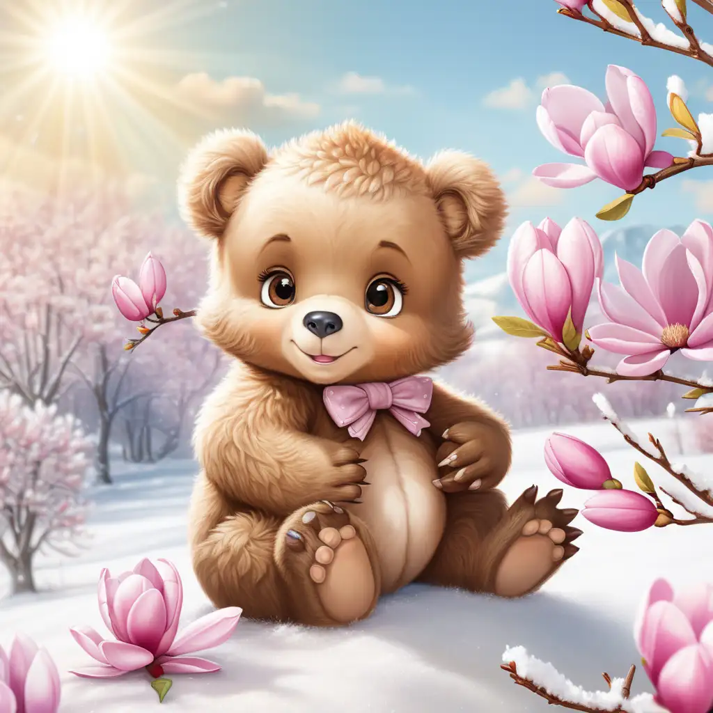 Adorable Baby Bear Amidst BiColored Magnolias on a Beautiful Snowy Winter Day